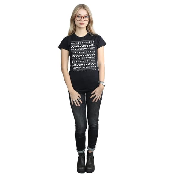 Disney Womens/Ladies Mickey And Minnie Christmas Fair Isle Cotton T-Shirt
