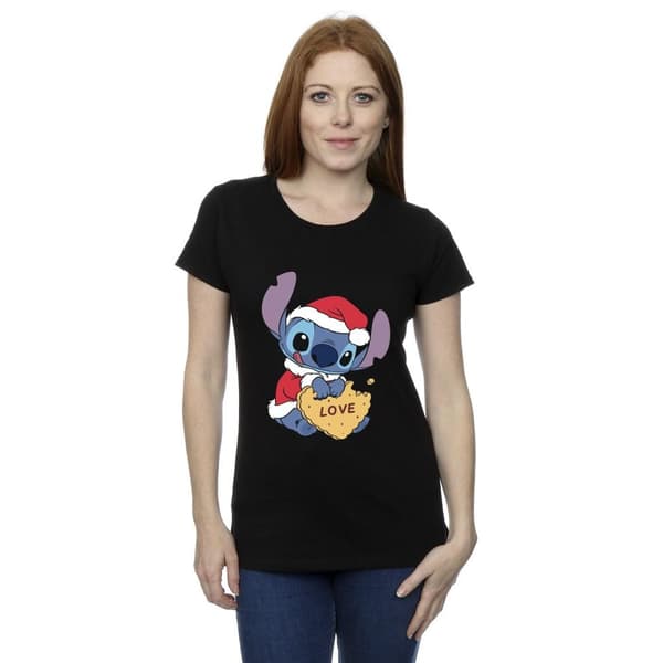 Disney Womens/Ladies Lilo And Stitch Christmas Love Biscuit Cotton T-Shirt