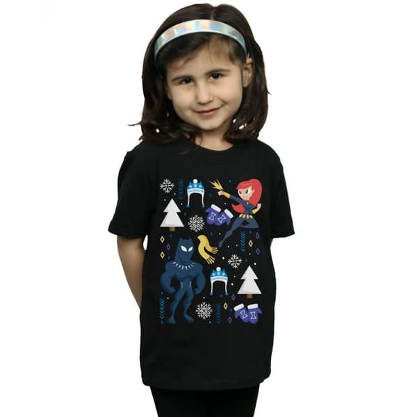 Marvel Girls Black Panther And Black Widow Christmas Day Cotton T-Shirt