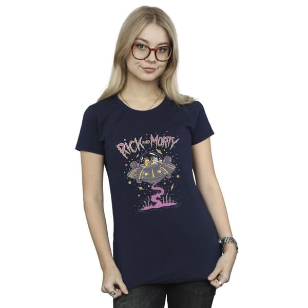 Rick And Morty T-shirt i bomull med rosa rymdskepp för damer/damer