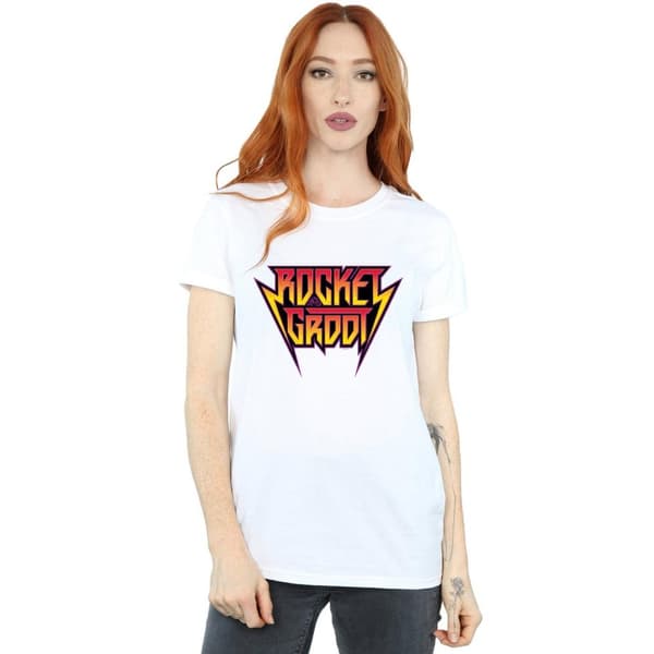 Marvel Dam/Tjej Guardians Of The Galaxy Vol. 2 Rocket And Groot Metal Logo Bomull Boyfriend T-shirt