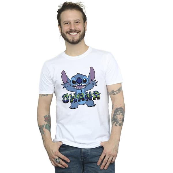 Disney Mens Lilo And Stitch Ohana Blue Glitch T-Shirt
