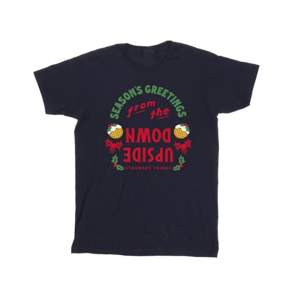 Netflix Stranger Things Upside Down Seasons Greetings - bomulls-T-shirt för flickor Navy Blue 9-11 Years