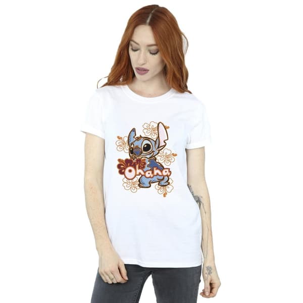 Disney Womens/Ladies Lilo And Stitch Ohana Orange Hibiscus Cotton Boyfriend T-Shirt