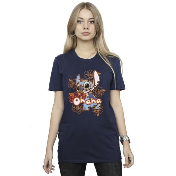Disney Womens/Ladies Lilo And Stitch Ohana Orange Hibiscus Cotton Boyfriend T-Shirt