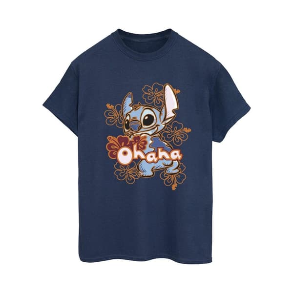 Disney Womens/Ladies Lilo And Stitch Ohana Orange Hibiscus Cotton Boyfriend T-Shirt Navy Blue 3XL