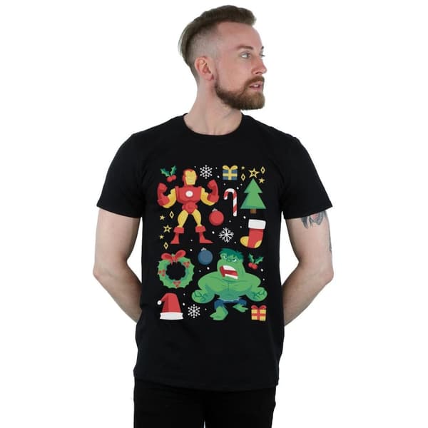 Marvel Mens Iron Man And Hulk Christmas Day T-Shirt