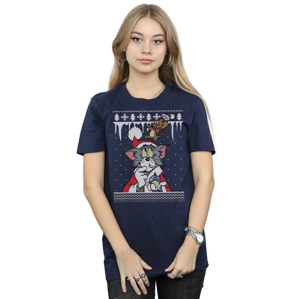 Tom And Jerry Womens/Ladies Christmas Fair Isle Cotton Boyfriend T-Shirt