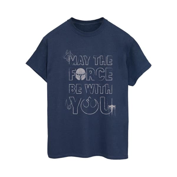Star Wars Womens/Ladies The Mandalorian May The Force Mando Cotton Boyfriend T-Shirt Navy Blue 4XL