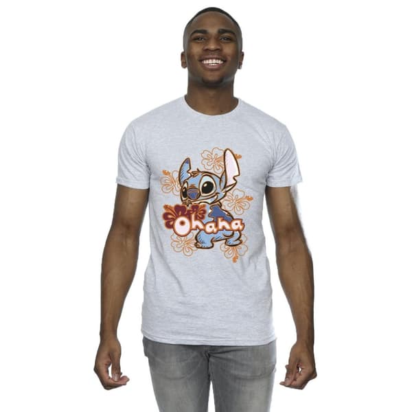 Disney Mens Lilo And Stitch Ohana Orange Hibiscus T-Shirt