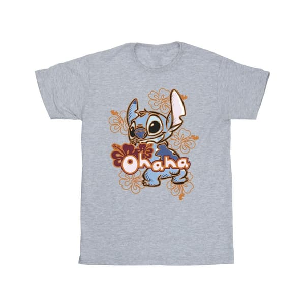 Disney Mens Lilo And Stitch Ohana Orange Hibiscus T-Shirt