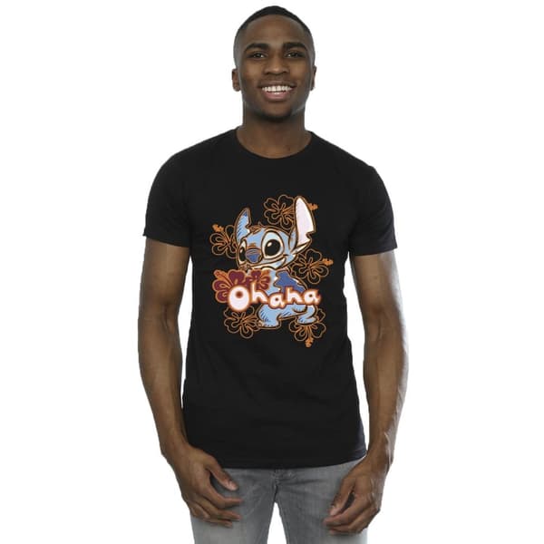 Disney Mens Lilo And Stitch Ohana Orange Hibiscus T-Shirt
