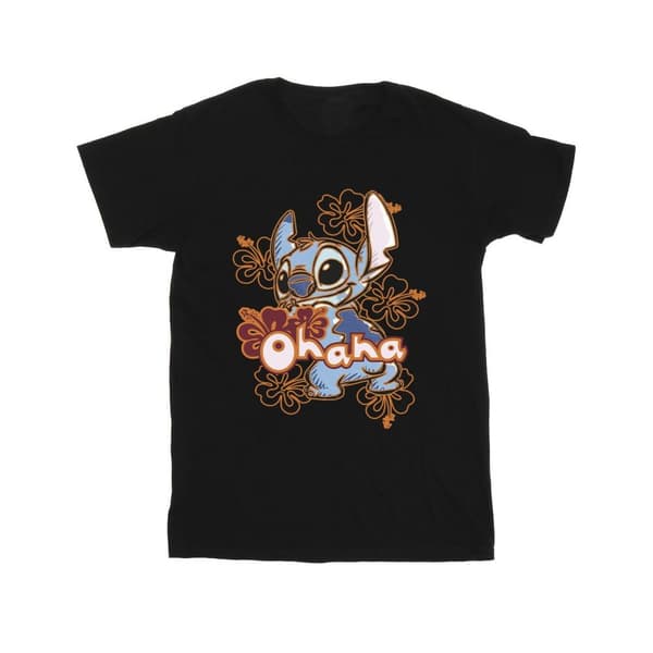 Disney Mens Lilo And Stitch Ohana Orange Hibiscus T-Shirt