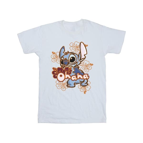 Disney Mens Lilo And Stitch Ohana Orange Hibiscus T-Shirt White XXL