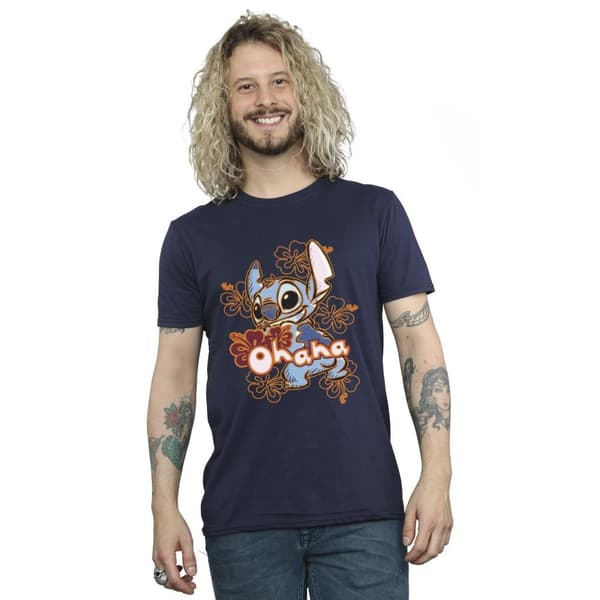 Disney Mens Lilo And Stitch Ohana Orange Hibiscus T-Shirt
