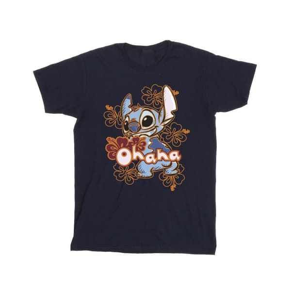 Disney Mens Lilo And Stitch Ohana Orange Hibiscus T-Shirt