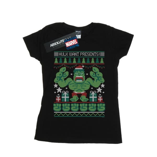 Marvel Womens/Ladies Hulk Want Presents Fair Isle Cotton T-Shirt Black M