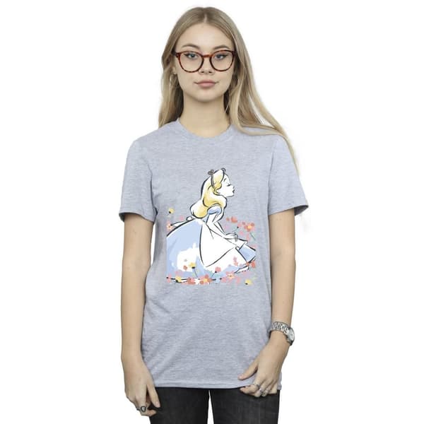 Disney Womens/Ladies Alice In Wonderland Sketch Flowers Cotton Boyfriend T-Shirt