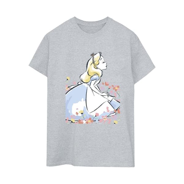 Disney Womens/Ladies Alice In Wonderland Sketch Flowers Cotton Boyfriend T-Shirt
