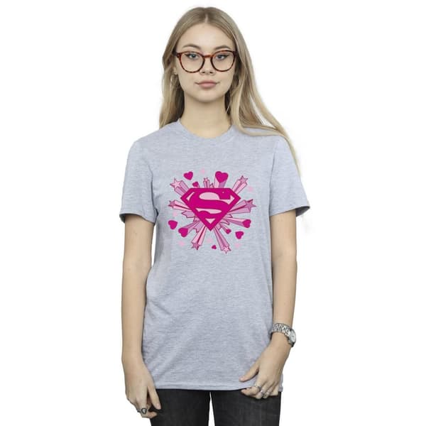 DC Comics Womens/Ladies Superman Pink Hearts And Stars Logo Cotton Boyfriend T-Shirt