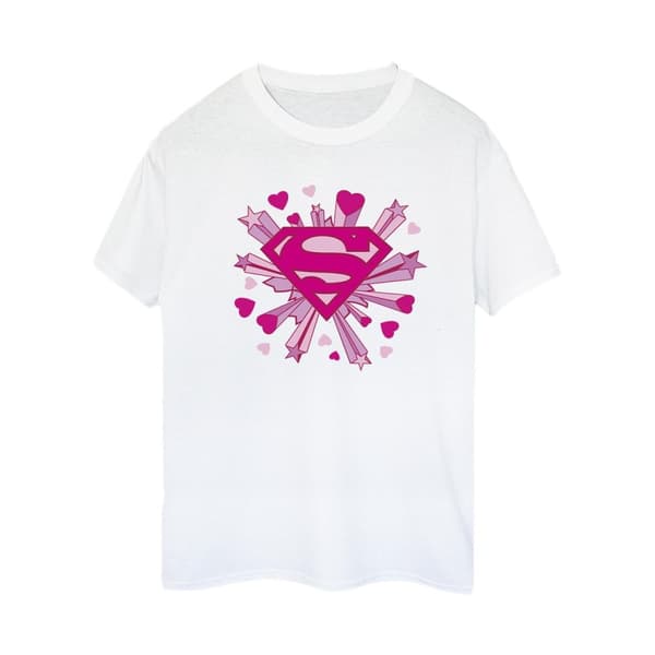 DC Comics Womens/Ladies Superman Pink Hearts And Stars Logo Cotton Boyfriend T-Shirt