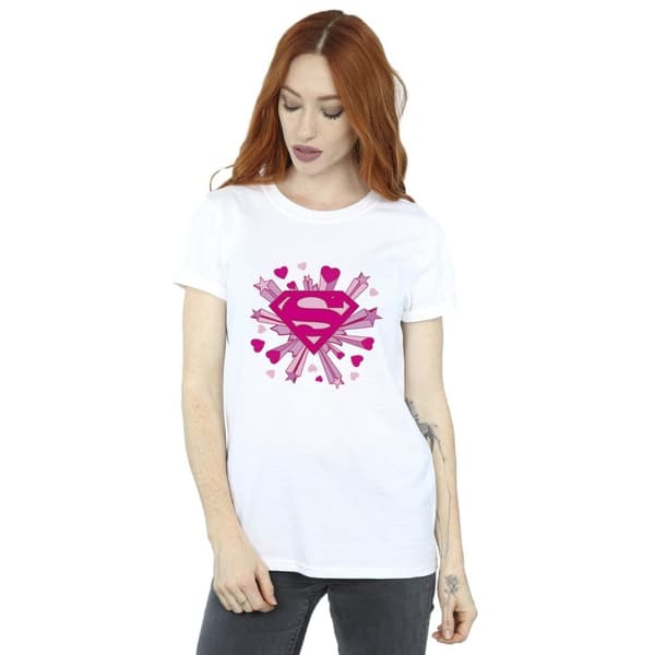 DC Comics Womens/Ladies Superman Pink Hearts And Stars Logo Cotton Boyfriend T-Shirt