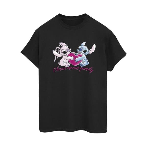 Disney Womens/Ladies Lilo And Stitch Ohana Heart With Angel Cotton Boyfriend T-Shirt