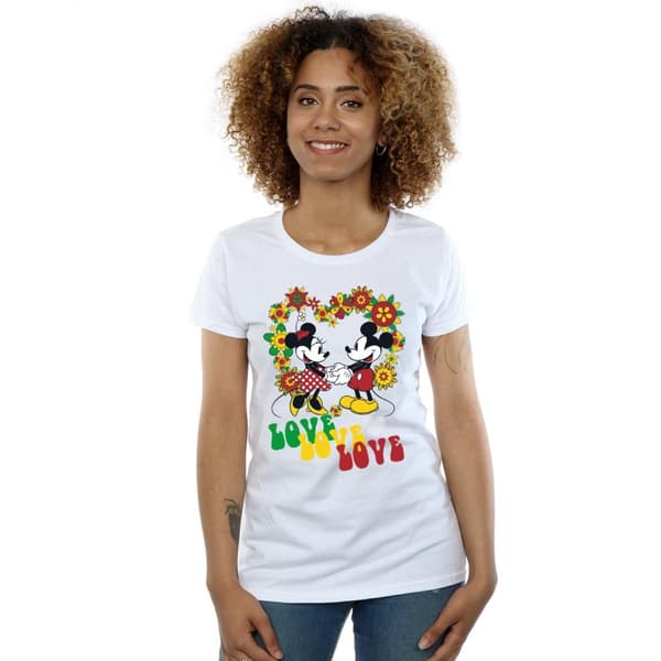 Disney Womens/Ladies Mickey And Minnie Mouse Hippie Love Cotton T-Shirt