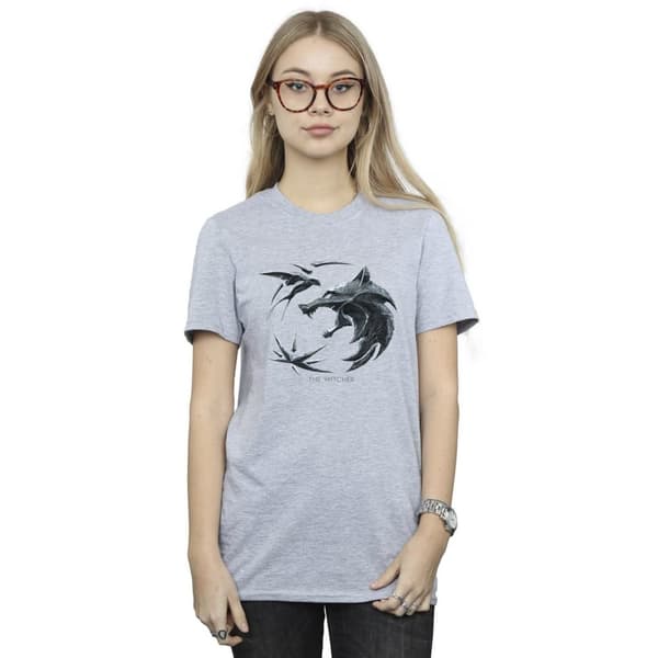 Netflix Dam/Tjej The Witcher Wolf Logo Boyfriend T-shirt i bomull
