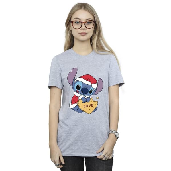 Disney Dam/Lillo And Stitch Christmas Love Biscuit Boyfriend T-shirt i bomull för damer