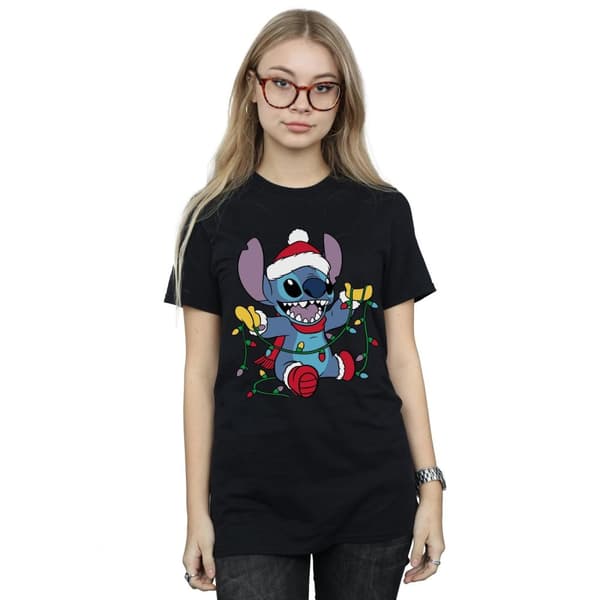 Disney Womens/Ladies Lilo And Stitch Christmas Lights Cotton Boyfriend T-Shirt