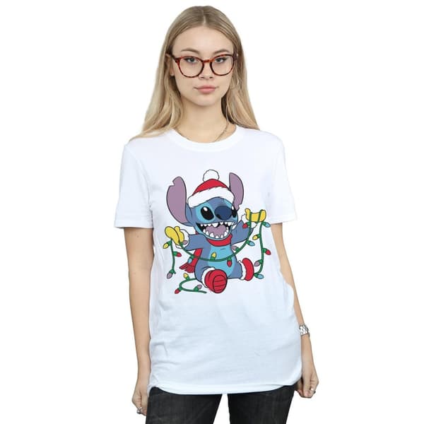 Disney Womens/Ladies Lilo And Stitch Christmas Lights Cotton Boyfriend T-Shirt