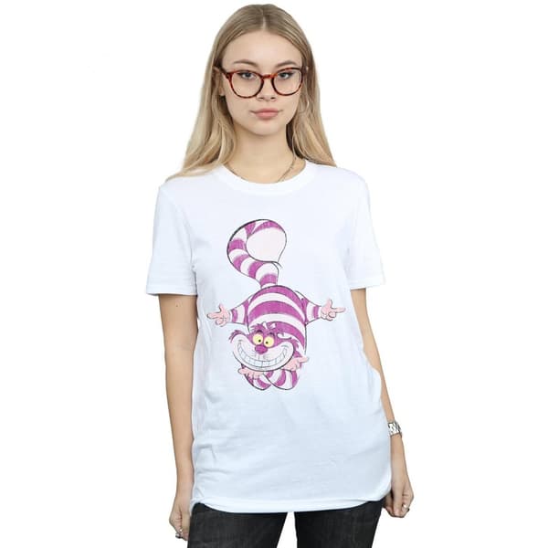 Disney Womens/Ladies Alice In Wonderland Cheshire Cat Upside Down Cotton Boyfriend T-Shirt