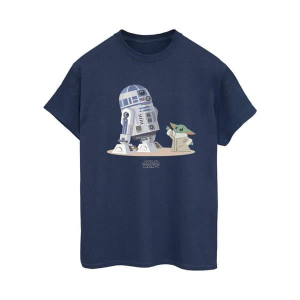 Star Wars Womens/Ladies The Mandalorian R2D2 And Grogu Cotton Boyfriend T-Shirt Navy Blue XL