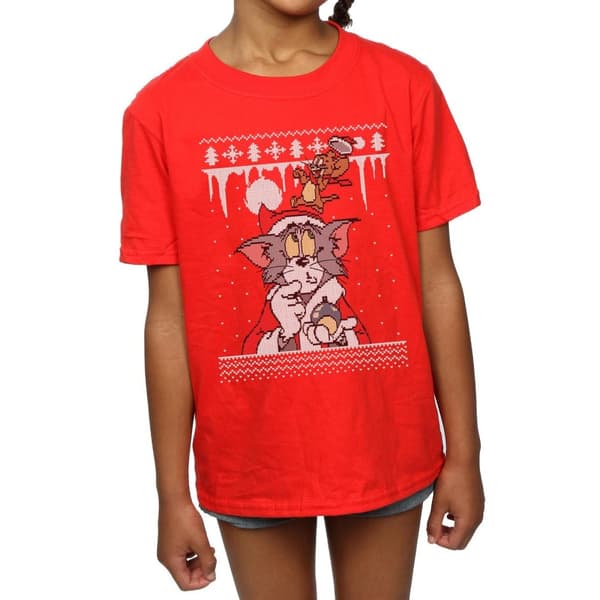 Tom And Jerry Girls Christmas Fair Isle Cotton T-Shirt
