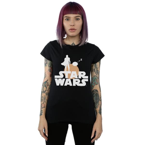 Star Wars Womens/Ladies The Mandalorian Mando And The Child Silhouette Cotton T-Shirt