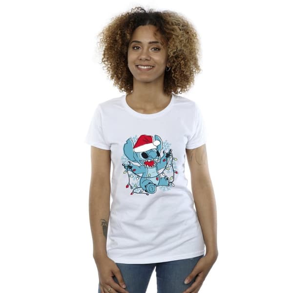 Disney Womens/Ladies Lilo And Stitch Christmas Lights Sketch Cotton T-Shirt