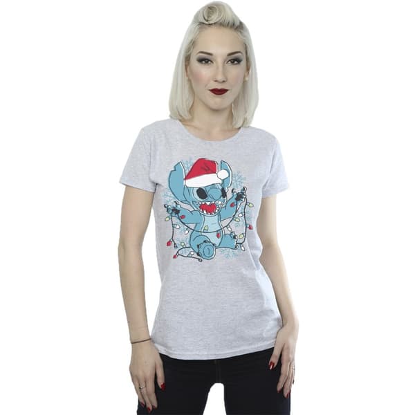 Disney Womens/Ladies Lilo And Stitch Christmas Lights Sketch Cotton T-Shirt