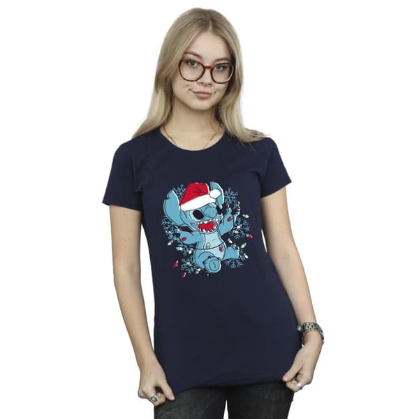 Disney Womens/Ladies Lilo And Stitch Christmas Lights Sketch Cotton T-Shirt