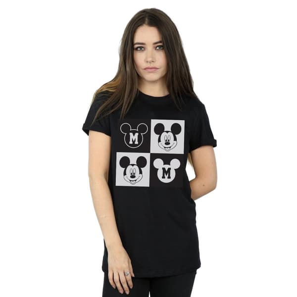 Disney Womens/Ladies Mickey Mouse Smiling Squares Cotton Boyfriend T-Shirt
