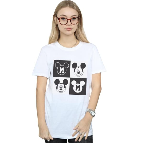 Disney Womens/Ladies Mickey Mouse Smiling Squares Cotton Boyfriend T-Shirt
