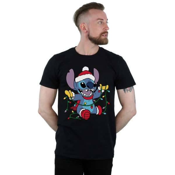 Disney Mens Lilo And Stitch Christmas Lights T-Shirt