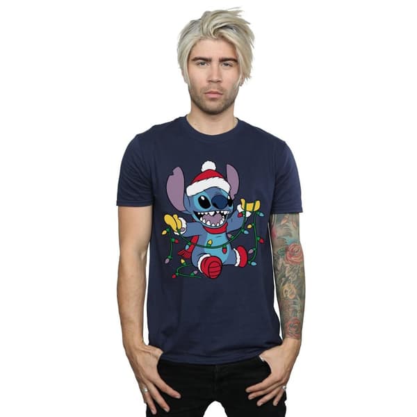 Disney Mens Lilo And Stitch Christmas Lights T-Shirt