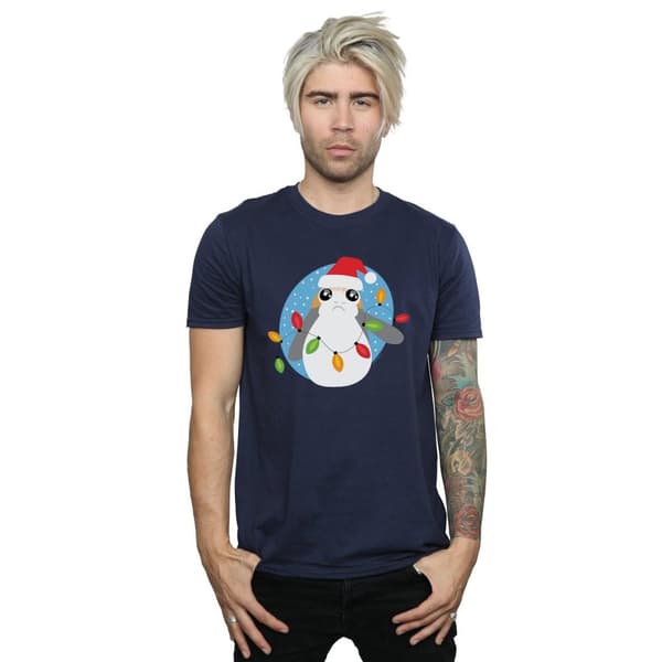 Star Wars Mens The Last Jedi Porg Christmas Lights T-Shirt