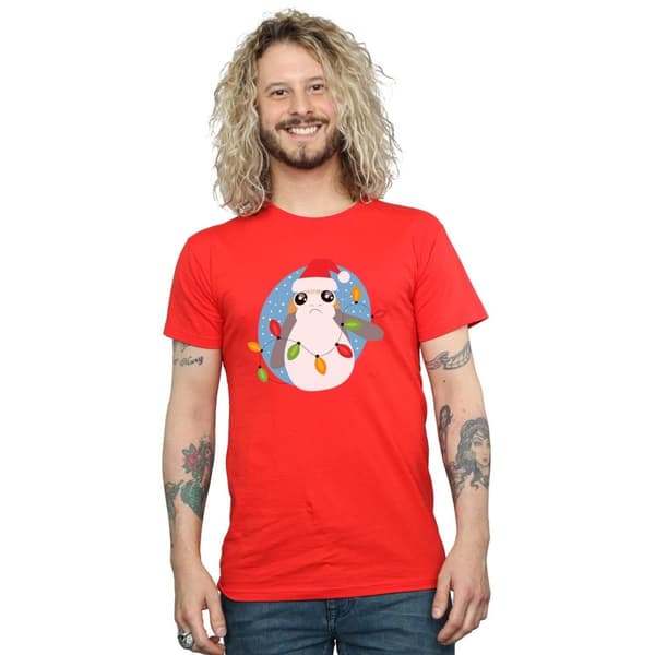 Star Wars Mens The Last Jedi Porg Christmas Lights T-Shirt