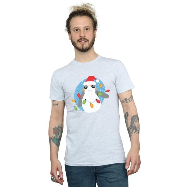 Star Wars Mens The Last Jedi Porg Christmas Lights T-Shirt