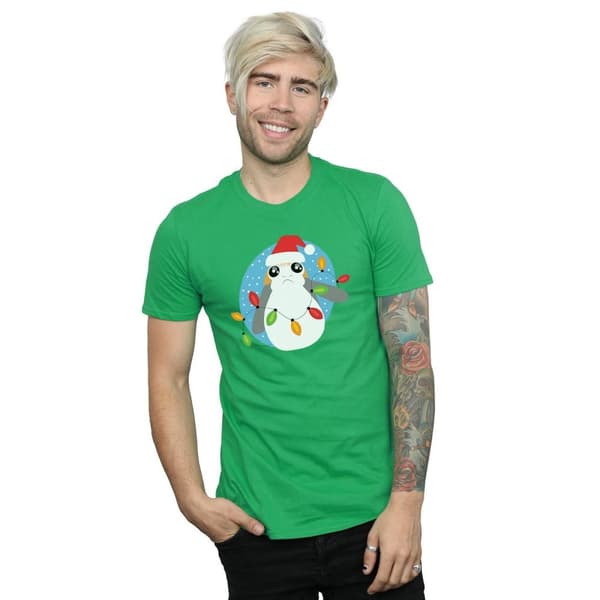 Star Wars Mens The Last Jedi Porg Christmas Lights T-Shirt