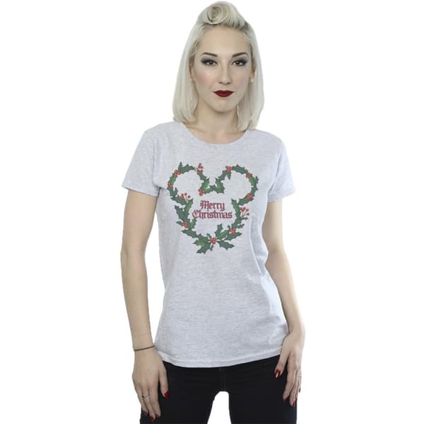 Disney Womens/Ladies Mickey Mouse Merry Christmas Holly Cotton T-Shirt