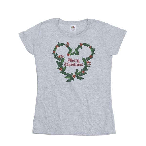 Disney Womens/Ladies Mickey Mouse Merry Christmas Holly Cotton T-Shirt
