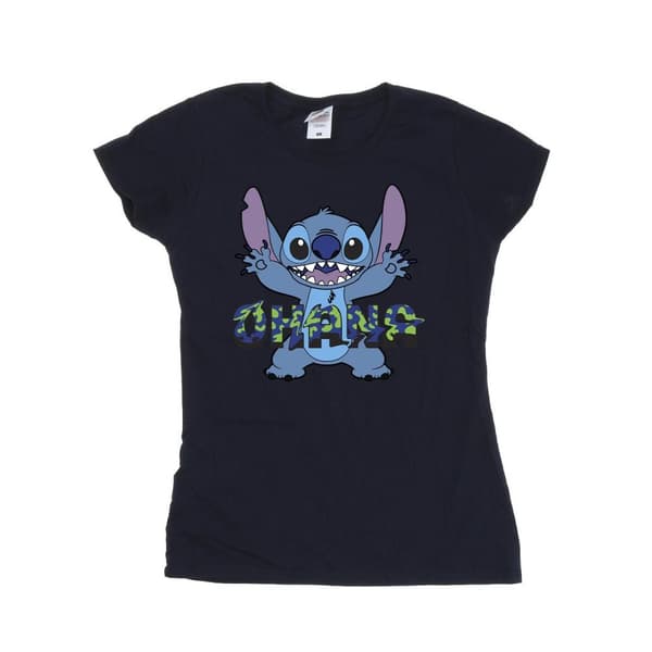 Disney Womens/Ladies Lilo And Stitch Ohana Blue Glitch Cotton T-Shirt